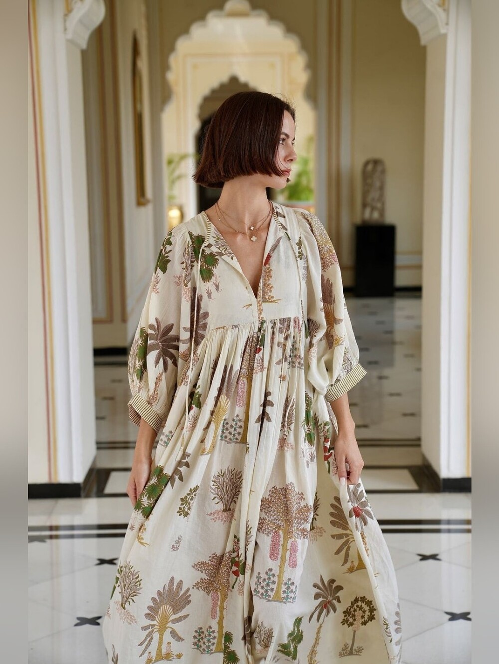 Over The Moon 100%Cotton Oversized Botanical Print Boho Maxi Dress Ivory Green M
